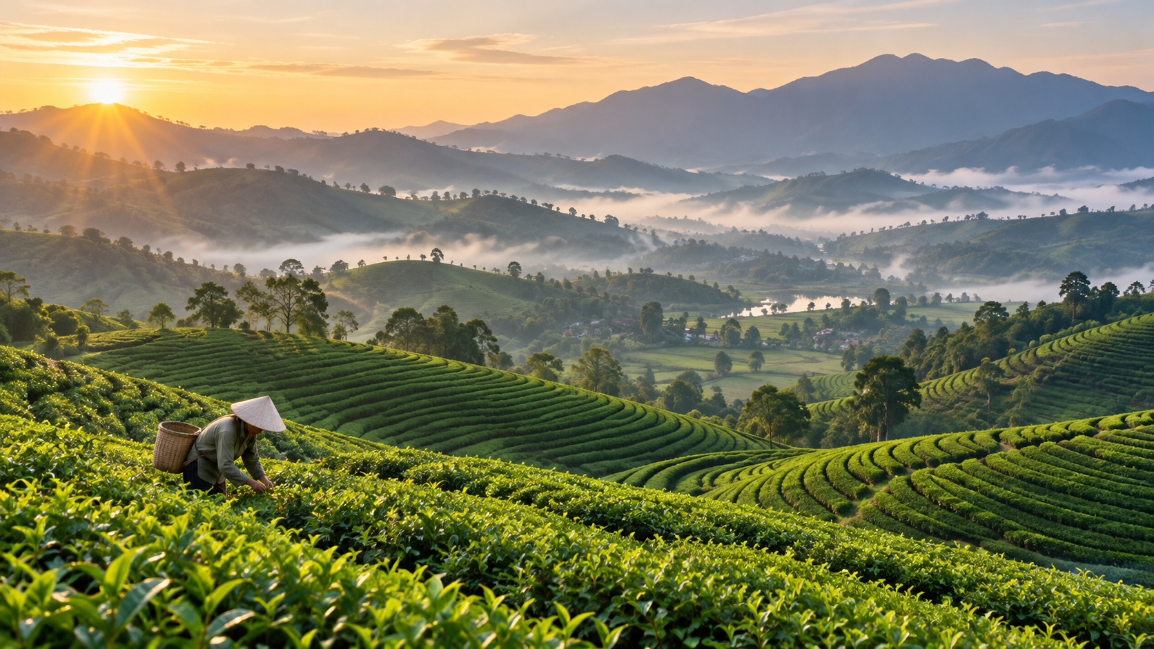 Người hái trà trên đồi chè Tân Cương